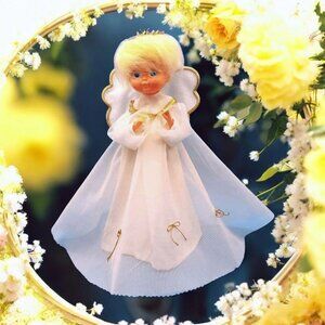 Vintage Angel Tree Topper With Tulle Dress Gold Tinsel Halo Japan Christmas Deco